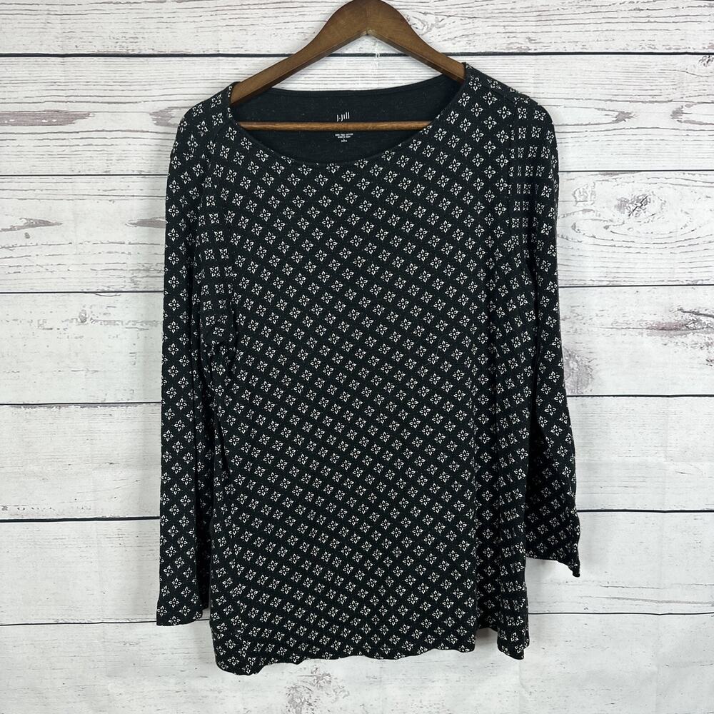 J Jill Shirt Top Womens‎ Large Petite Black Floral Pima Boat Neck Tunic Casual